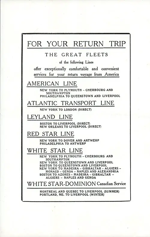 For Your Return Trip, The Great Fleets of The American Line.