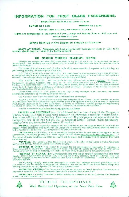 Information for First Class Passengers, SS St. Paul First and Second Class Passenger List, 9 September 1916.