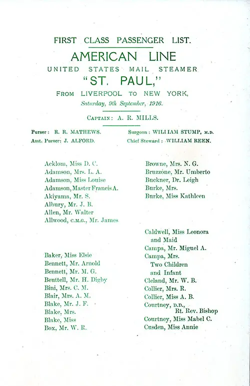 Title Page and First Class Passengers, Part 1, SS St. Paul First and Second Class Passenger List, 9 September 1916.
