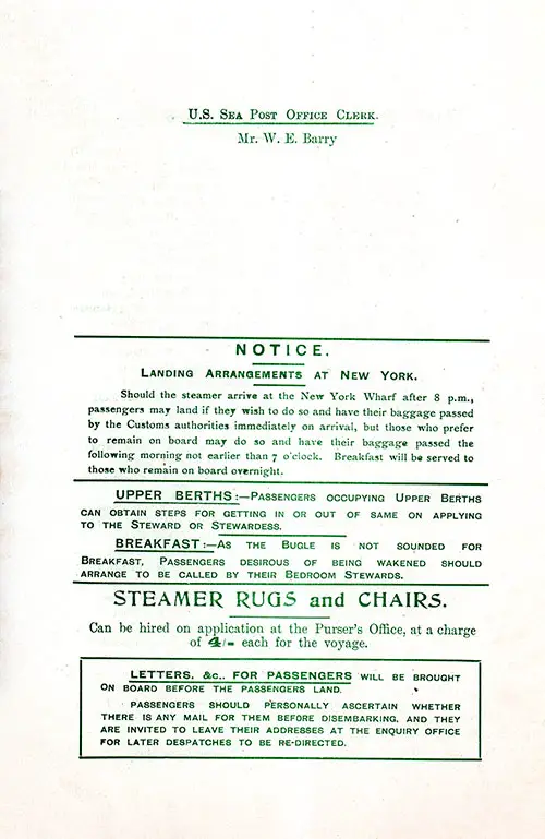 US Sea Post Office Clerk, Information for Passengers, SS St. Paul First and Second Class Passenger List, 9 September 1916.