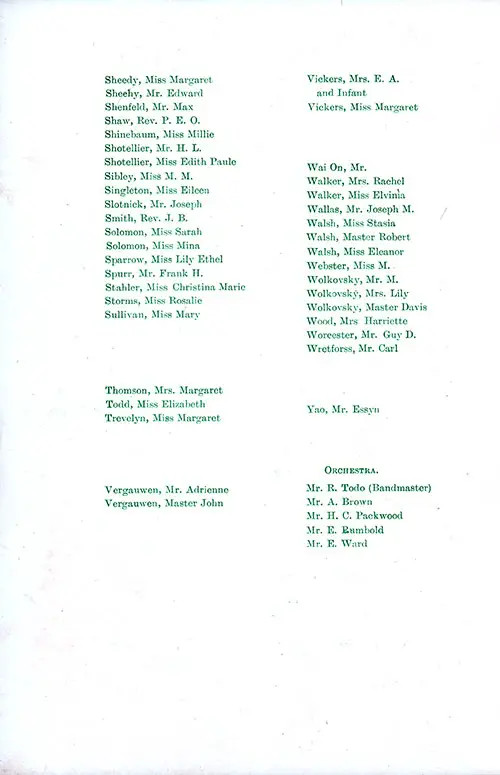 Second Class Passengers, Part 4 and Orchestra Members, SS St. Paul First and Second Class Passenger List, 9 September 1916.