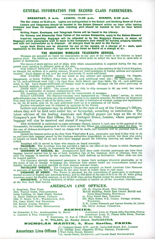 General Information For Second Class Passengers, SS St. Paul First and Second Class Passenger List, 9 September 1916.