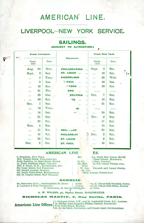 Sailing Schedule and Listing of American Line Offices and Agencies (Unusable Due to Defects).