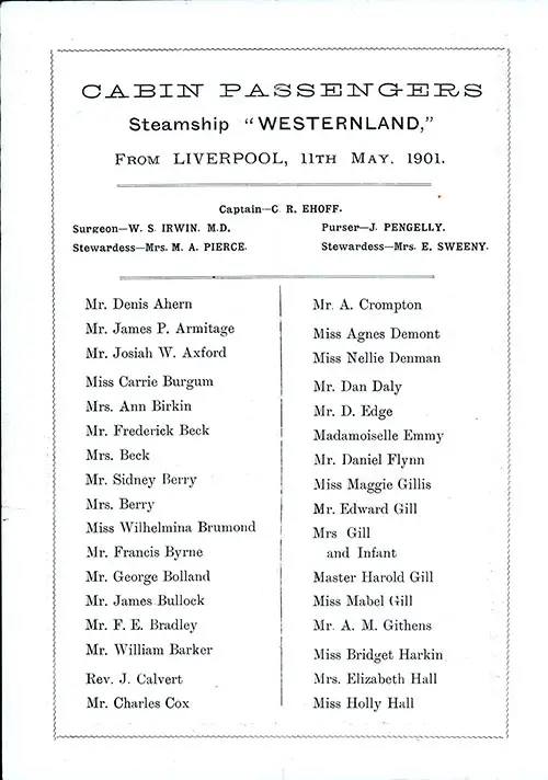 Title Page and Listing of Passengers, Part 1, SS Westernland Cabin Passenger List, 11 May 1901.