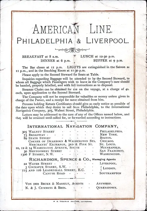 Information for Passengers and Listing of International Navigation Company Offices and Agencies, SS Westernland Cabin Passenger List, 11 May 1901.
