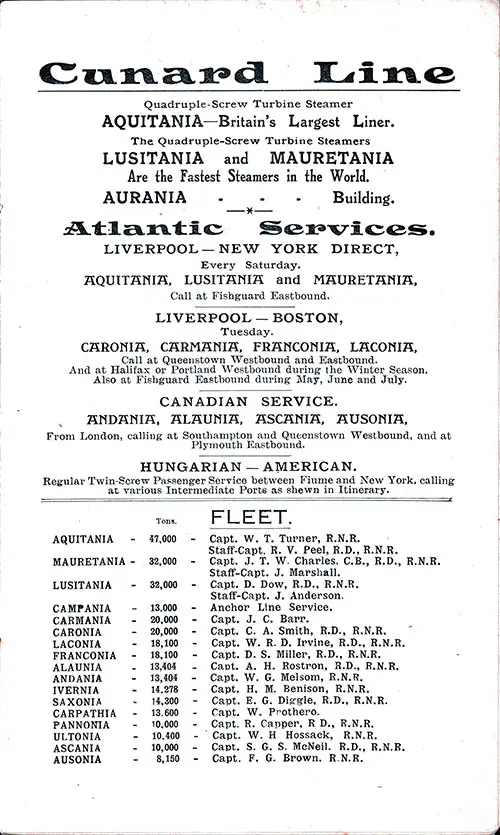 Cunard Line Atlantic Services and Fleet List. RMS Aquitania Second Cabin Passenger List, 11 July 1914.