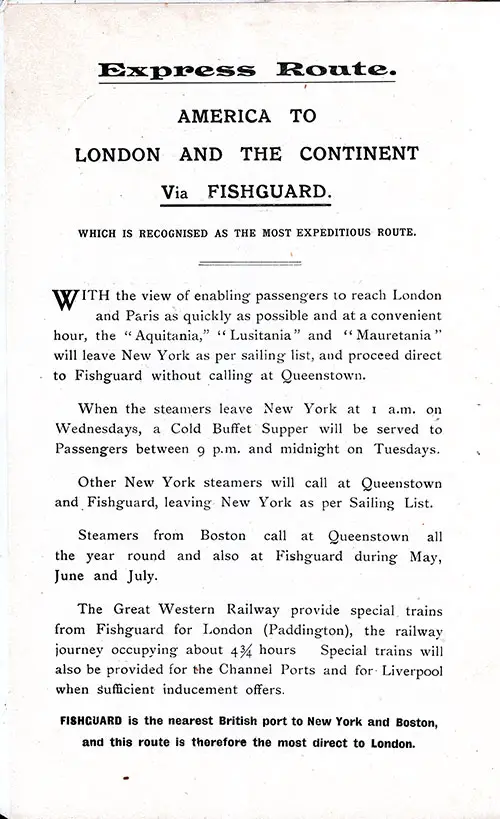 Express Route America to London and the Continent via Fishguard. RMS Aquitania Second Cabin Passenger List, 11 July 1914.