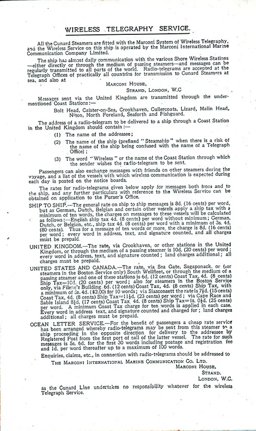 Wireless Telgraphy Services and Ocean Letter Service. RMS Aquitania Second Cabin Passenger List, 11 July 1914.