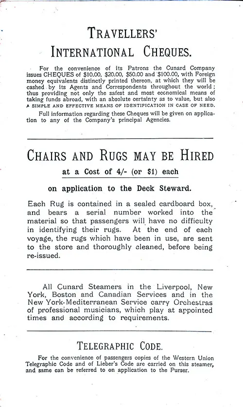 Travellers' International Cheques, Chairs and Rugs, Orchestras of Professional Musicians, and Telgraphic Code. RMS Aquitania Second Cabin Passenger List, 11 July 1914.