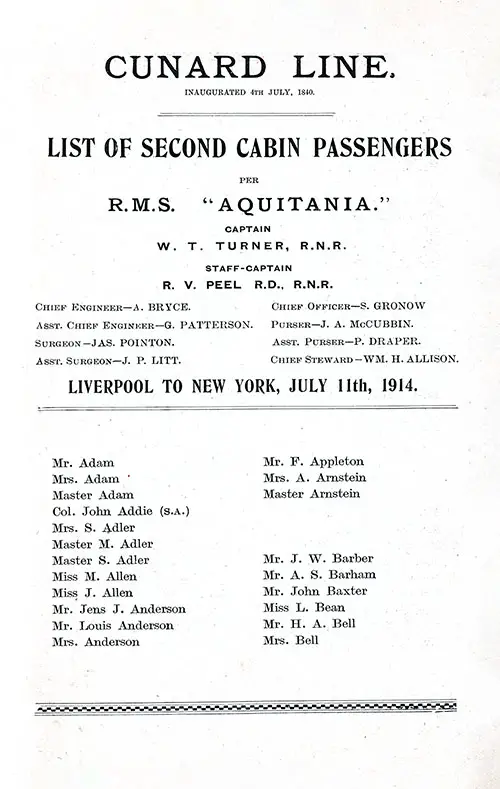Title Page, Listing of Senior Officers and Staff, List of Passengers, Part 1 (Mr. Adam-Mrs. Bell). RMS Aquitania Second Cabin Passenger List, 11 July 1914.
