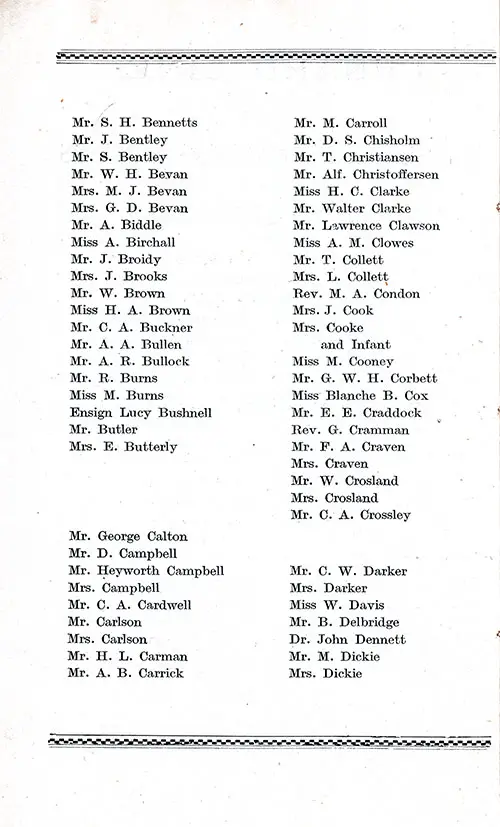List of Passengers, Part 2 (Mr. S. . Bennetts-Mrs. Dickie). RMS Aquitania Second Cabin Passenger List, 11 July 1914.
