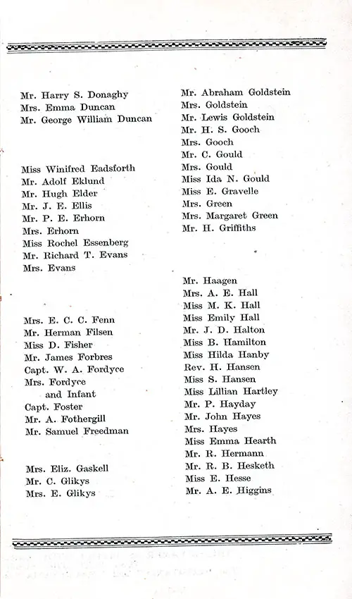 List of Passengers, Part 3 (Mr. Harry S. Donaghy-Mr. A. E. Higgins). RMS Aquitania Second Cabin Passenger List, 11 July 1914.