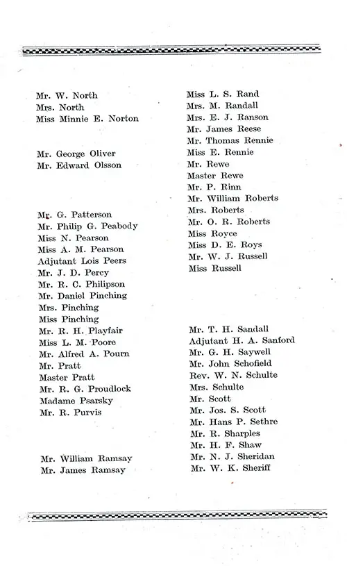 List of Passengers, Part 6 (Mr. W. North-Mr. W. K. Sheriff). RMS Aquitania Second Cabin Passenger List, 11 July 1914.