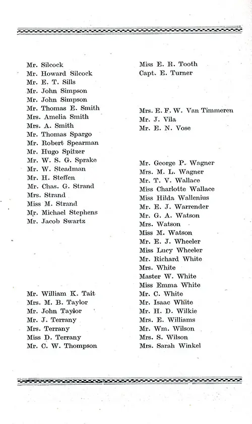 List of Passengers, Part 7 (Mr. Silcock-Mrs. Sarah Winkel). RMS Aquitania Second Cabin Passenger List, 11 July 1914.