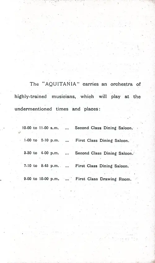 Aquitania Orchestra Schedule. RMS Aquitania Second Cabin Passenger List, 11 July 1914.