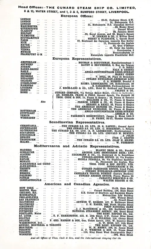 Cunard Offices and Agencies. RMS Aquitania Second Cabin Passenger List, 11 July 1914.