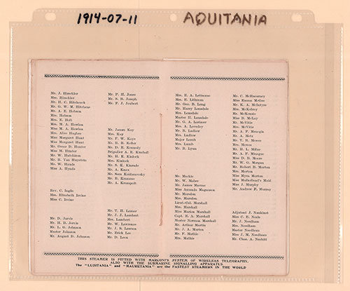 Archival Image Front Side: RMS Aquitania Second Class Passenger List, 11 July 1914.