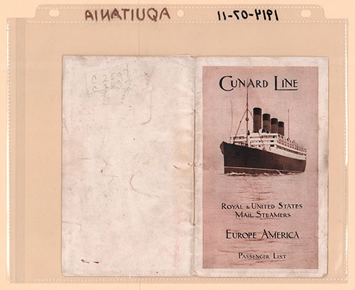 Archival Image Reverse Side: RMS Aquitania Second Class Passenger List, 11 July 1914.