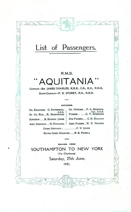 Title Page Including a Listing of Senior Officers and Staff. RMS Aquitania Saloon and Second Class Passenger List, 25 June 1921.