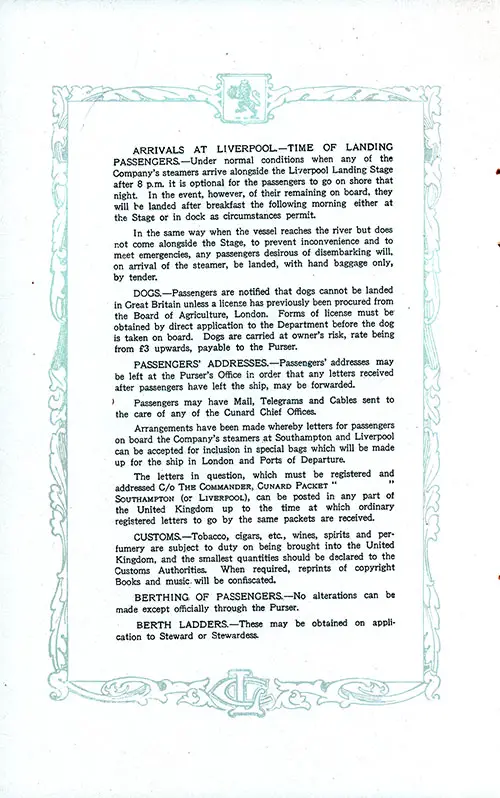 Information for Passengers, Part 3 (Arrivals at Liverpool-Time of Landing Passengers, Dogs, Passengers' Addresses, Customs, Berthing of Passengers, and Berth Ladders). RMS Aquitania Saloon and Second Class Passenger List, 25 June 1921.