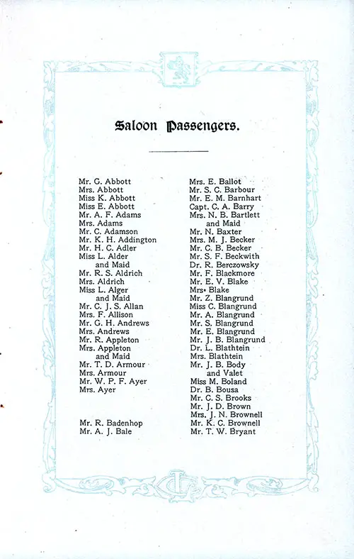 List of Saloon Passengers, Part 1 (Mr. G. Abbott-Mr. T. W. Bryant). RMS Aquitania Saloon and Second Class Passenger List, 25 June 1921.