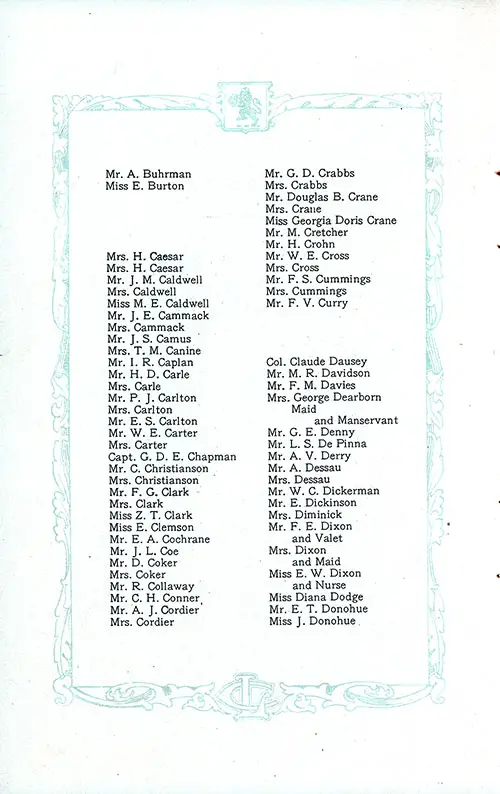 List of Saloon Passengers, Part 2 (Mr. A. Buhrman-Miss J. Donohue). RMS Aquitania Saloon and Second Class Passenger List, 25 June 1921.