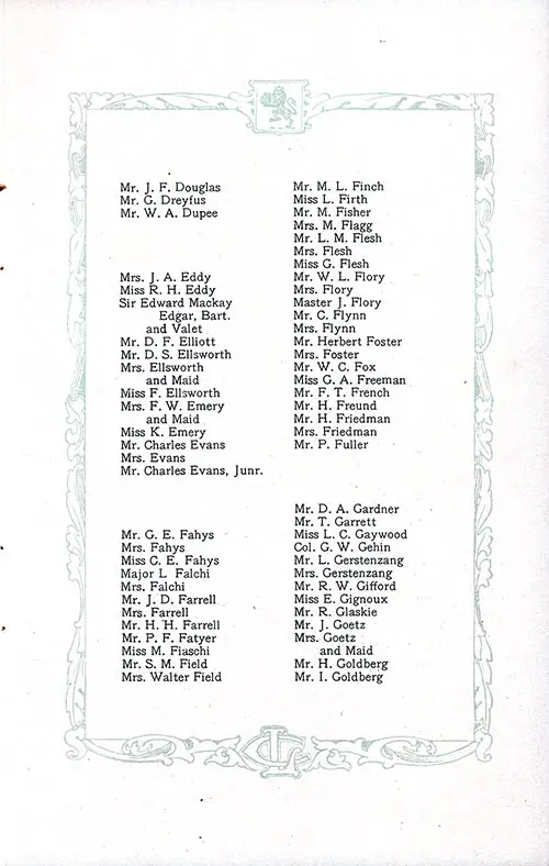 List of Saloon Passengers, Part 3 (Mr. J. F. Douglas-Mr. I. Goldberg). RMS Aquitania Saloon and Second Class Passenger List, 25 June 1921.