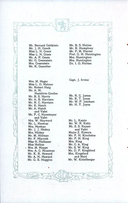 List of Saloon Passengers, Part 4 (Mr. Bernard Goldstein-Mr. W. Kittelberger). RMS Aquitania Saloon and Second Class Passenger List, 25 June 1921.