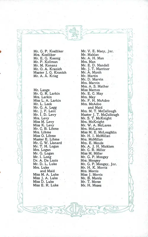 List of Saloon Passengers, Part 5 (Mr. G. P. Koelliker-Mr. H. Moses). RMS Aquitania Saloon and Second Class Passenger List, 25 June 1921.