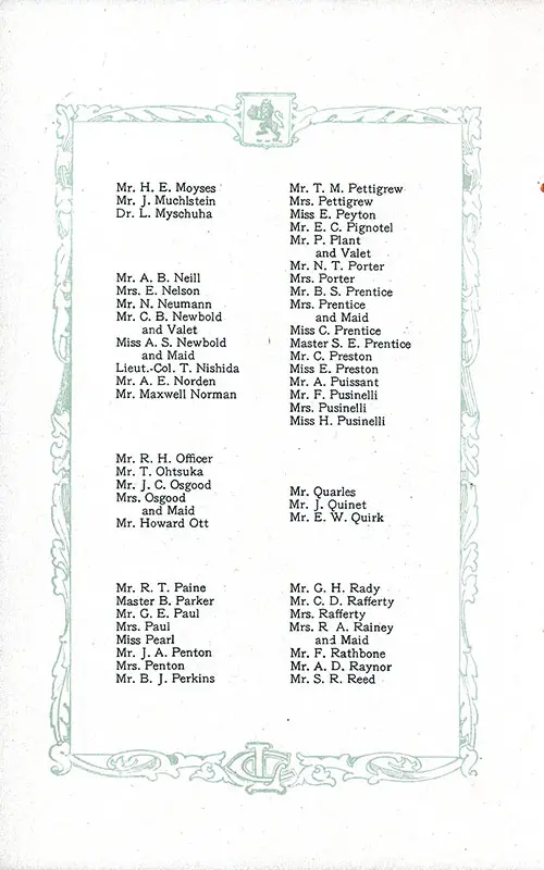 List of Saloon Passengers, Part 6 (Mr. H. E. Moyses-Mr. S. R. Reed). RMS Aquitania Saloon and Second Class Passenger List, 25 June 1921.