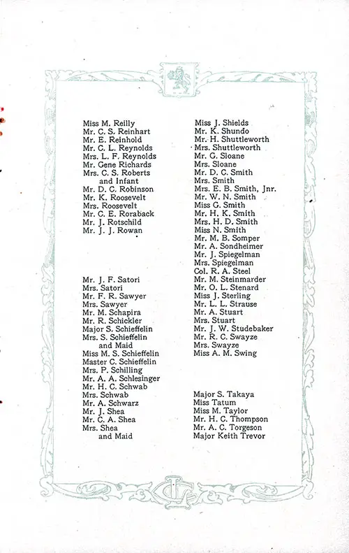 List of Saloon Passengers, Part 7 (Miss M. Reilly-Major Keith Trevor). RMS Aquitania Saloon and Second Class Passenger List, 25 June 1921.