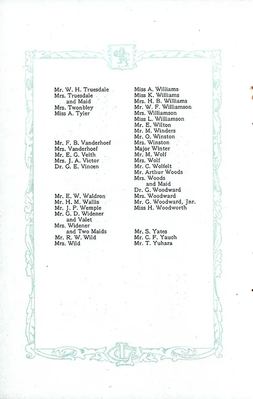 List of Saloon Passengers, Part 8 (Mr. W. H. Truesdale-Mr. T. Yuhara). RMS Aquitania Saloon and Second Class Passenger List, 25 June 1921.