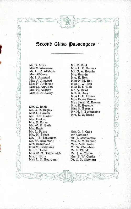 List of Second Class Passengers, Part 1 (Mr. S. Adler-Dr. C. D. Cleghorn). RMS Aquitania Saloon and Second Class Passenger List, 25 June 1921.