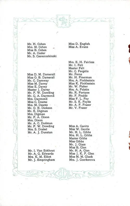 List of Second Class Passengers, Part 2 (Mr. H. Cohen-Mrs. J. Goerkerova). RMS Aquitania Saloon and Second Class Passenger List, 25 June 1921.
