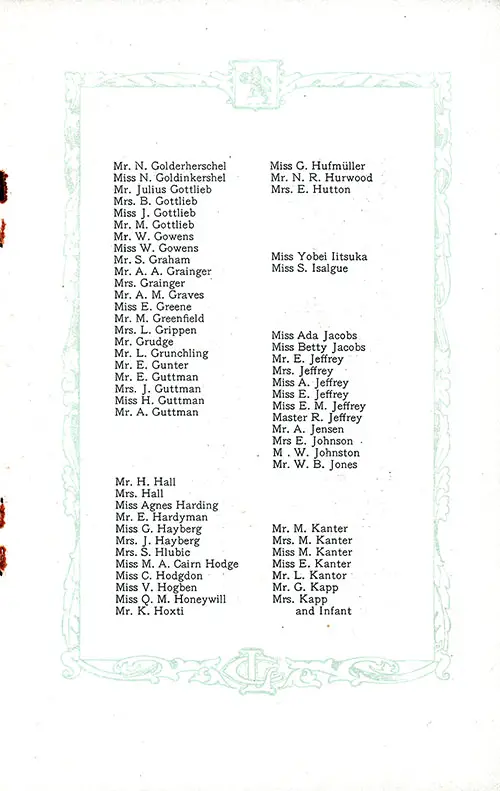 List of Second Class Passengers, Part 3 (Mr. N. Golderherschel-Mrs. Kapp). RMS Aquitania Saloon and Second Class Passenger List, 25 June 1921.