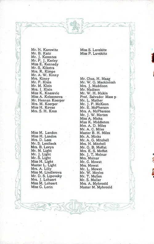 List of Second Class Passengers, Part 4 (Mr. N. Karowitz-Master M. Myhroold). RMS Aquitania Saloon and Second Class Passenger List, 25 June 1921.
