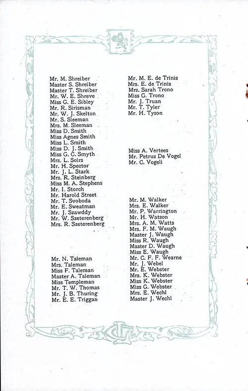 List of Second Class Passengers, Part 6 (Mr. M. Shreiber-Master J. Weschl). RMS Aquitania Saloon and Second Class Passenger List, 25 June 1921.