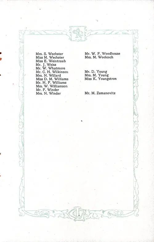 List of Second Class Passengers, Part 7 (Mrs. S. Weshster-Mr. M. Zemanovitz). RMS Aquitania Saloon and Second Class Passenger List, 25 June 1921.