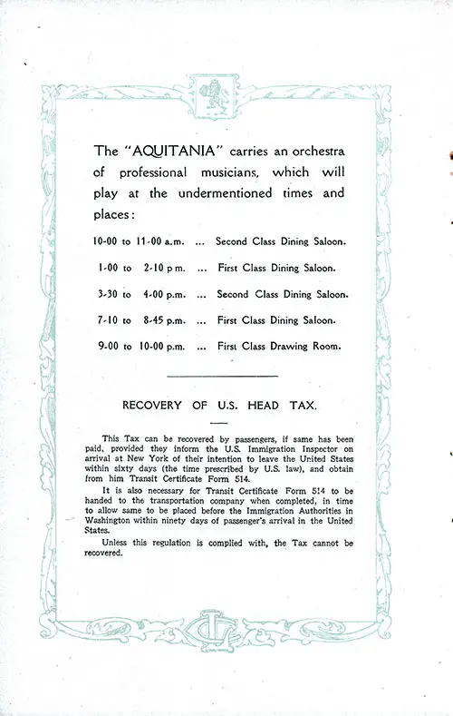 Aquitania Orchestra Schedule and Recovery of US Head Tax. RMS Aquitania Saloon and Second Class Passenger List, 25 June 1921.