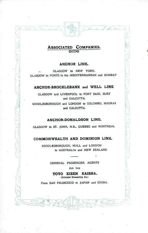 List of Associated Companies. RMS Aquitania Saloon and Second Class Passenger List, 25 June 1921.