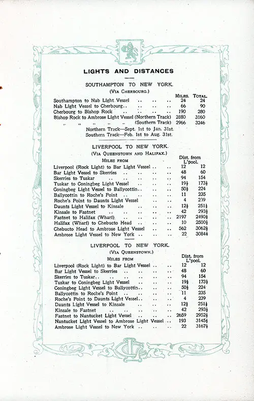 Lights and Distances. RMS Aquitania Saloon and Second Class Passenger List, 25 June 1921.