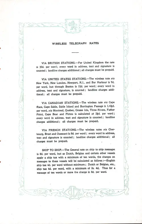 Wireless Telegraph Rates. RMS Aquitania Saloon and Second Class Passenger List, 25 June 1921.