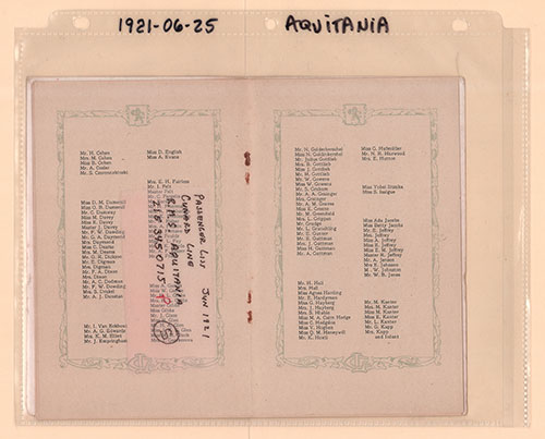 Archival Image Front || GGA-PL-CUN-01	D16 Cunard	Aquitania	1921-06-25	1921	Southampton to New York via Cherbourg	Saloon and Second Class.