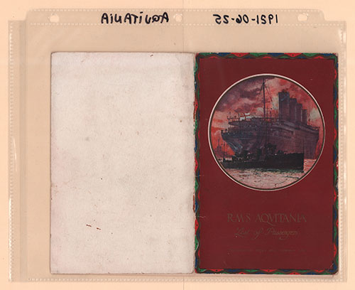 Archival Image Back || GGA-PL-CUN-01	D16 Cunard	Aquitania	1921-06-25	1921	Southampton to New York via Cherbourg	Saloon and Second Class.