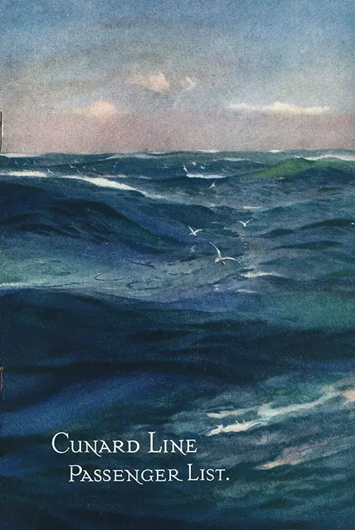 Front Cover, RMS Aquitania Saloon and Second Class Passenger List, 12 August 1922, Enhanced by Photoshop To Show Detail.