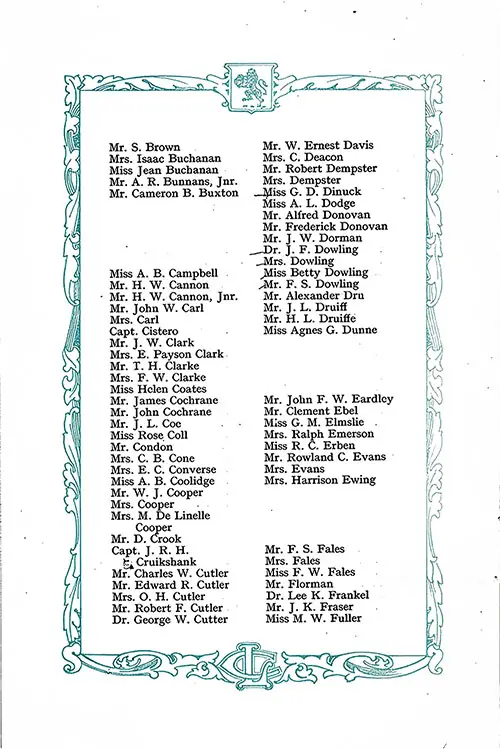 List of Saloon Passengers, Part 2 (Mr. S. Brown-Miss M. W. Fuller). RMS Aquitania Saloon and Second Class Passenger List, 12 August 1922.