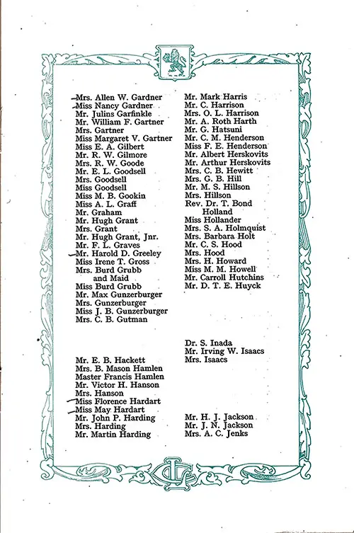 List of Saloon Passengers, Part 3 (Mrs. Allen W. Garner-Mrs. A C. Jenks). RMS Aquitania Saloon and Second Class Passenger List, 12 August 1922.