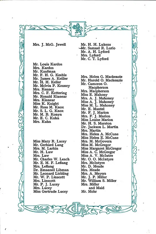 List of Saloon Passengers, Part 4 (Mrs. J. McG. Jewell-Mr. Mohr). RMS Aquitania Saloon and Second Class Passenger List, 12 August 1922.