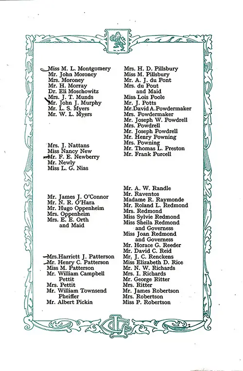 List of Saloon Passengers, Part 5 (Miss M. L. Montgomery-Miss P. Robertson). RMS Aquitania Saloon and Second Class Passenger List, 12 August 1922.
