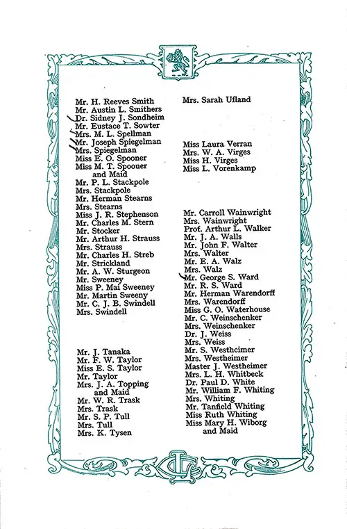 List of Saloon Passengers, Part 7 (Mr. H. Reeves Smith-Miss Mary H. Wilborg). RMS Aquitania Saloon and Second Class Passenger List, 12 August 1922.